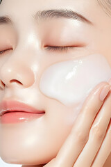 Girl applying cream on face for beauty, skin care concept, white background