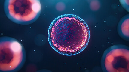 Naklejka premium A vibrant depiction of a cell, showcasing intricate details and structures, set against a dark background, embodying the complexities of biological life.