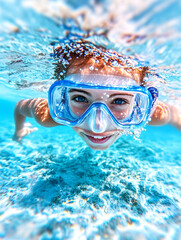 Naklejka premium Girl swims underwater wearing a mask on a bright day for summer vacation ads