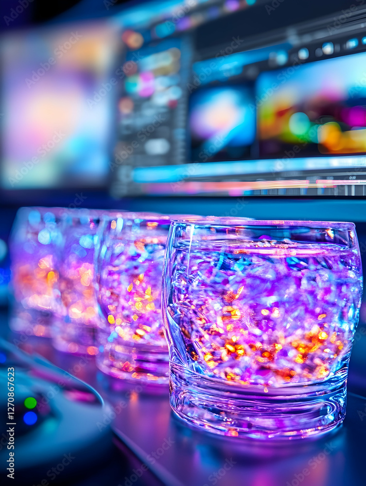 Poster glasses in front of computer screen showing digital artwork, used for background