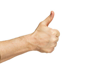 Hand giving a thumbs up gesture against a plain white background, signaling approval or positivity