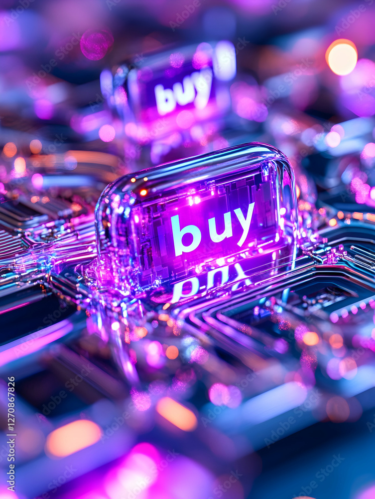 Poster glowing buy button on circuit board implies online shopping and transactions