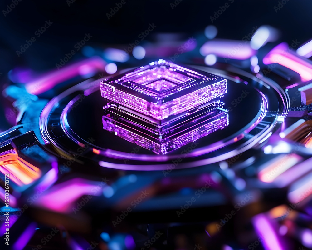 Poster glowing diamond object on futuristic platform for tech product mockups and designs