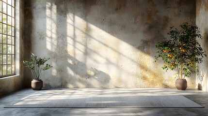 Serene yoga mat positioned in a bright minimalist room with soft diffused lighting creating a calm peaceful atmosphere and ample copy space for design or text overlay