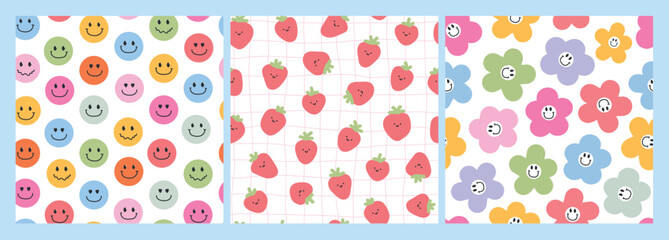 Nursery vibrant colored seamless patterns collection for textile prints, wallpaper, scrapbooking, birthday wrapping paper, party decor, apparel, stationery, bedding, etc. EPS 10