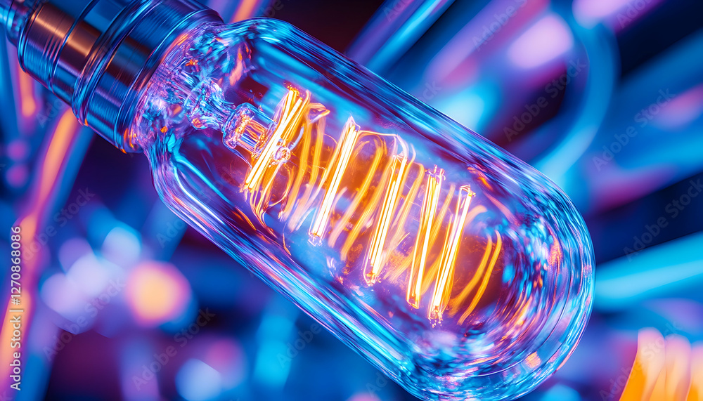 Poster glowing lightbulb with visible filament surrounded by colorful lights; abstract