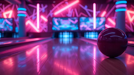 Neon Bowling Alley with Rolling Ball – Futuristic Sports and Entertainment Concept
