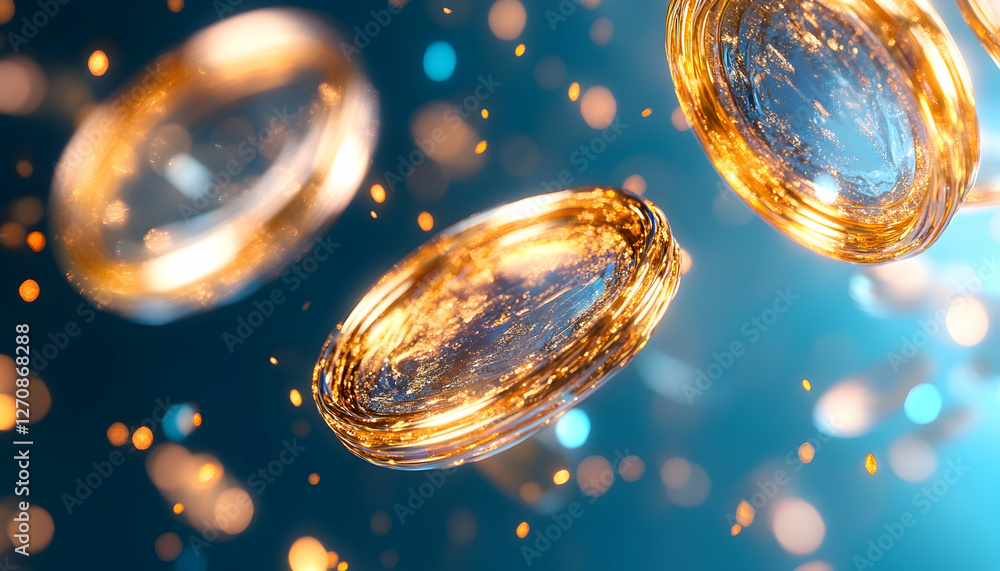 Poster gold coins floating in space with bokeh lights for business and financial use