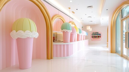 Fototapeta premium Bright and Colorful Ice Cream Shop Interior Design Featuring Whimsical Decor and Modern Aesthetics