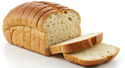Freshly Baked Sliced White Bread Loaf with Golden-Brown Crust white background