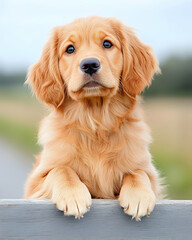 Golden retriever puppy portrait; outside, resting paws on barrier. Home, pet ads