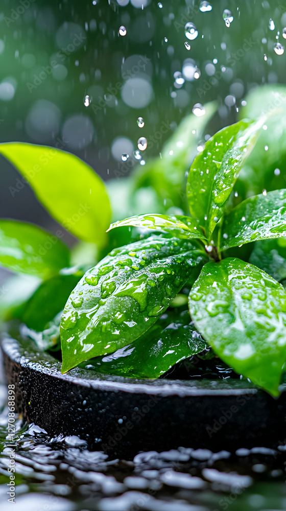 Poster green leaves getting watered in a small container with bokeh background