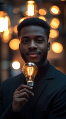 Man holding a glowing light bulb in a dimly lit environment with decorative lights in the background at dusk
