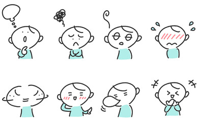 様々な表情の男性のセット　考える・照れる・笑う・恥ずかしい