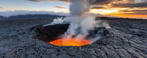 Volcanic landscapes concept. A breathtaking view of a volcanic eruption against a stunning sunset backdrop.