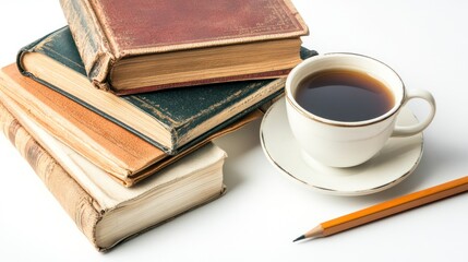 Naklejka premium Old books, coffee, pencil, study table, reading break