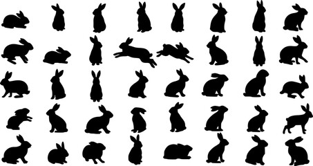 Fototapeta premium Rabbit silhouettes vector illustration, perfect for Easter, spring celebrations. Features adorable, fluffy bunnies in various poses - hopping, sitting, standing. Ideal for nature, wildlife themes