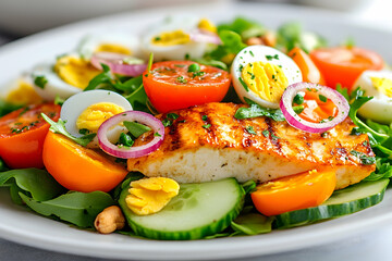Grilled chicken salad with eggs and vegetables on a plate for a healthy lunch