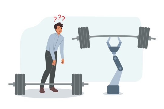 Introduction robotization upsets business man looking at robots arm with heavy barbell. Concept robotization development leading to dismissal and bankruptcy of company employees to improve efficiency