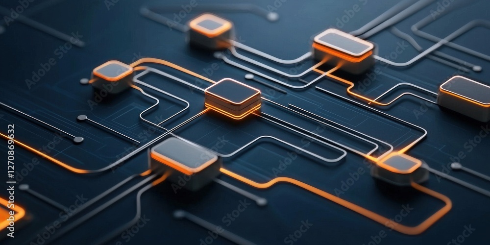 Poster customer experience feedback optimization concept. digital circuit design with glowing orange lines 