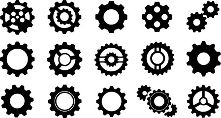 Gear icon vector set, black cogwheel vector collection, mechanical gear shapes, engineering symbols, industrial machinery, sprocket designs, abstract gearwheel graphics 