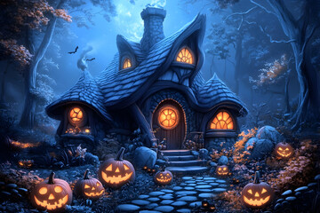 Halloween Witch house with pumpkins in the forest at night for cards, posters
