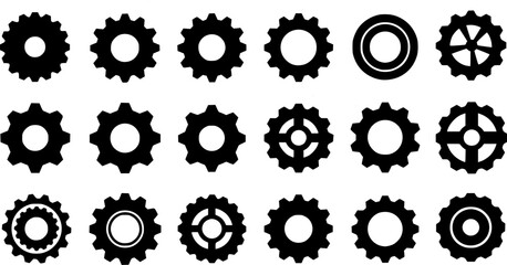 Gear icon vector set, black cogwheel vector collection, mechanical gear shapes, engineering symbols, industrial machinery, sprocket designs, abstract gearwheel graphics 