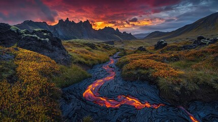 Naklejka premium Volcanic landscapes idea. A breathtaking view of flowing lava under a vibrant sunset sky in a rugged landscape.