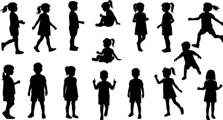 Kids silhouette vector illustration showing multiple children in playful and standing poses. Ideal kid set for educational designs, websites, or creative projects requiring children themed visuals