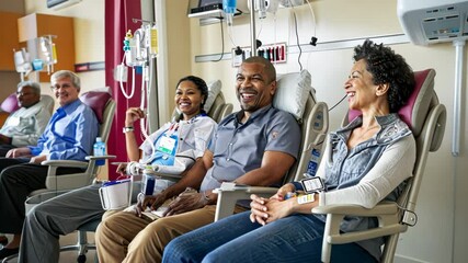 Individuals from diverse backgrounds smile as they give blood in a bright hospital room. World Blood Donor Day