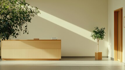 Fototapeta premium Modern Minimalist Office Reception Area with Wooden Desk and Plants