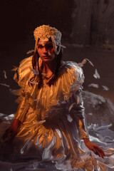 Beautiful young brunette dressed as an angel kneels in a dimly lit room, draped in an ornate white...