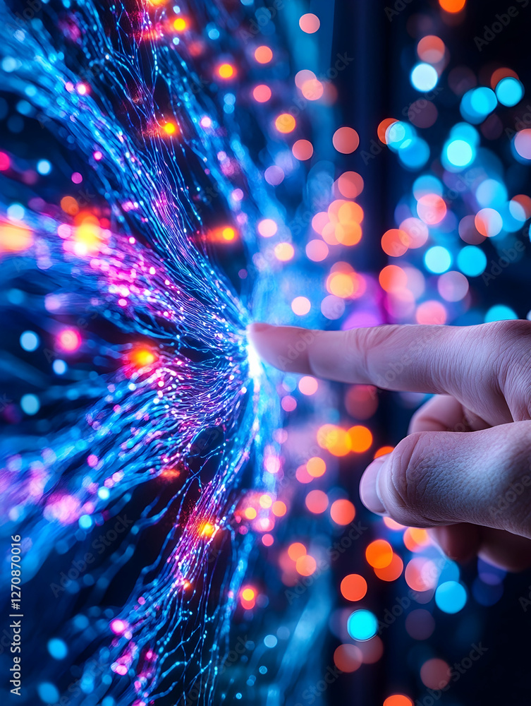 Poster hand interacts with digital flow of information. tech future concept use