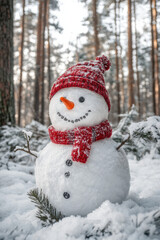 Fototapeta premium Smiling snowman. Making snowman in the forest from the first snow. Snowy winter, coniferous trees covered with snow 