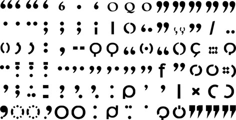 Collection of diverse quotation marks, black symbols on white, mix of solid and calligraphic styles, single and double quotes. Ideal for typography, writing, and language related content