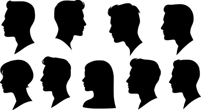 man woman profile line art head, hairstyle, men, women outline collection, variety line art. features unique hairstyles, male and female head silhouettes, showcasing various hairstyles, side view