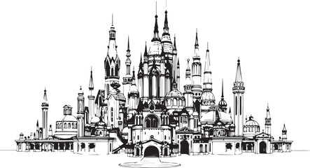 Fototapeta premium City landscape. Different buildings on street, outline cityscape hand sketch, flat houses. Hand drawn vector illustration