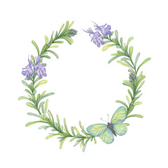 Watercolor wreath of blooming rosemary branches with a butterfly. Composition perfect for cosmetic packaging, soaps, creams, candles, greeting cards and natural product branding