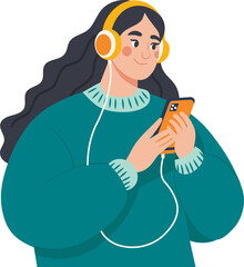Girl with phone in hand listening to music, flat vector illustration