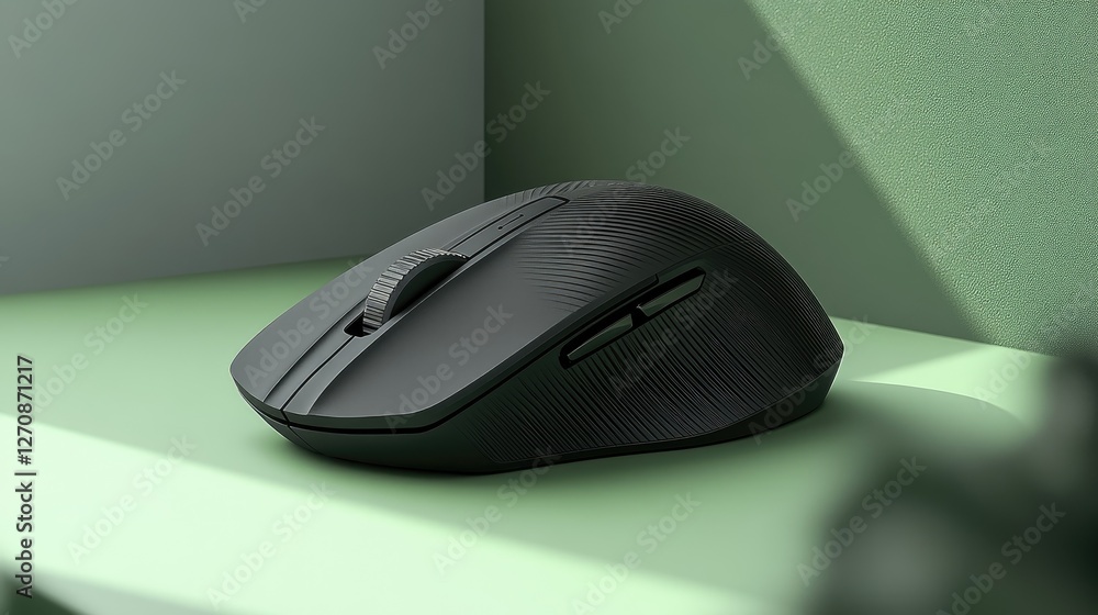 Poster silent wireless mouse with soft-touch buttons, displayed on a green backdrop, representing seamless 