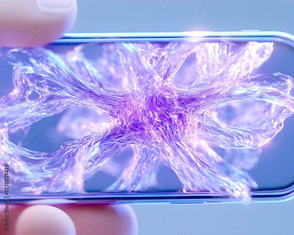 Poster holding phone displaying glowing neuron network cell for research in a lab