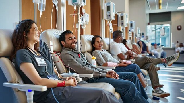A welcoming, lit hospital space where smiling people from all walks of life donate blood. World Blood Donor Day