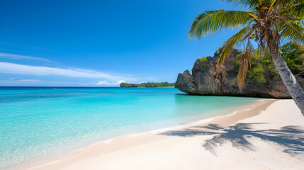 Fototapeta premium Tranquil Beach Scene In Philippines With Turquoise Water And Palm Trees