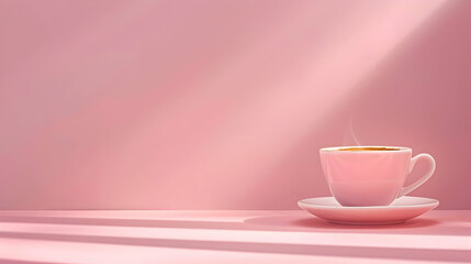 Serene cup of steaming coffee on a soft pink background with gentle light rays illuminating it