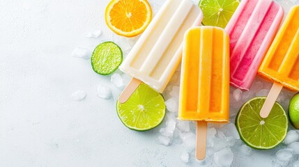Vibrant Summer Popsicles on Ice with Fresh Citrus Fruits in Colorful Assortment and Refreshing Appeal