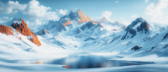 A snow-covered mountain landscape with alpine peaks lit by warm orange sunlight, reflecting in a tranquil mountain lake below against a serene blue winter sky. Generative AI.