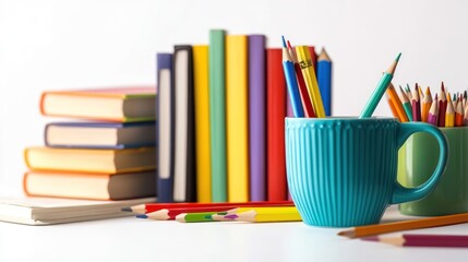Fototapeta premium Colorful pencils, books, and mugs; education concept; white background; study supplies