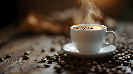 Fototapeta premium A steaming cup of coffee on a rustic wooden table surrounded by scattered coffee beans (2)