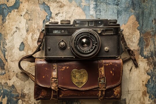Vintage camera, worn leather case, textured wall