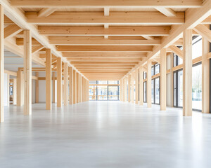 Interior of wooden structure building with beams, columns, and natural lighting